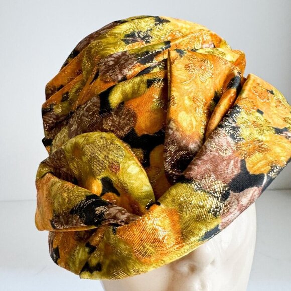 Vintage Custom Made Floral Orange Brown Gold Lurex Pill Box Hat M - Picture 2 of 11